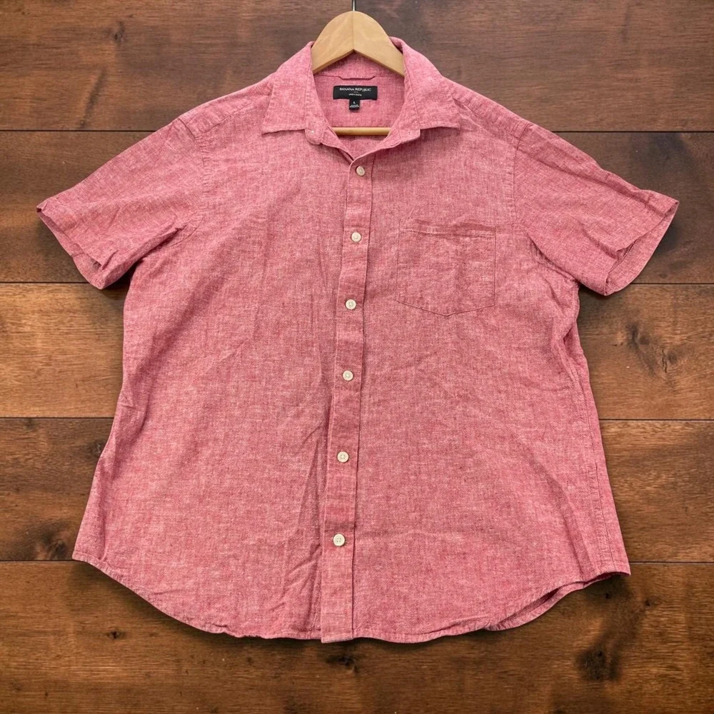 Banana Republic Mens Large Red Linen Blend Short Sleeve Button Up Shirt Pocket